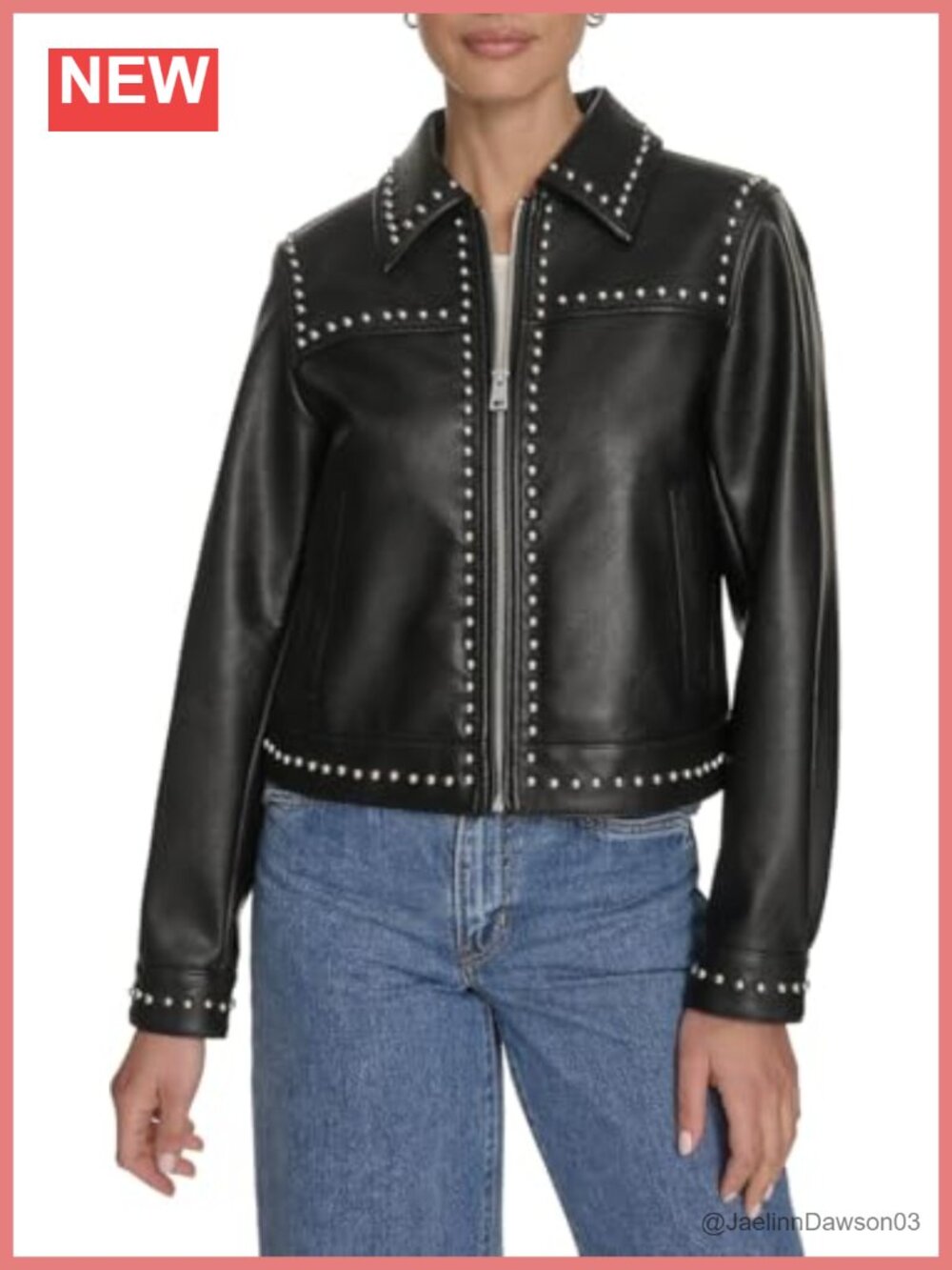 Faux Leather Studded Moto Jacket Zip Front Long Sleeve